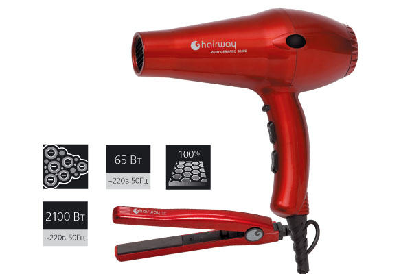 Фен Hairway Ruby Ceramic Ionic 2100Вт + Щипцы мини Ruby Iron 13мм 65Вт(03049+04087)